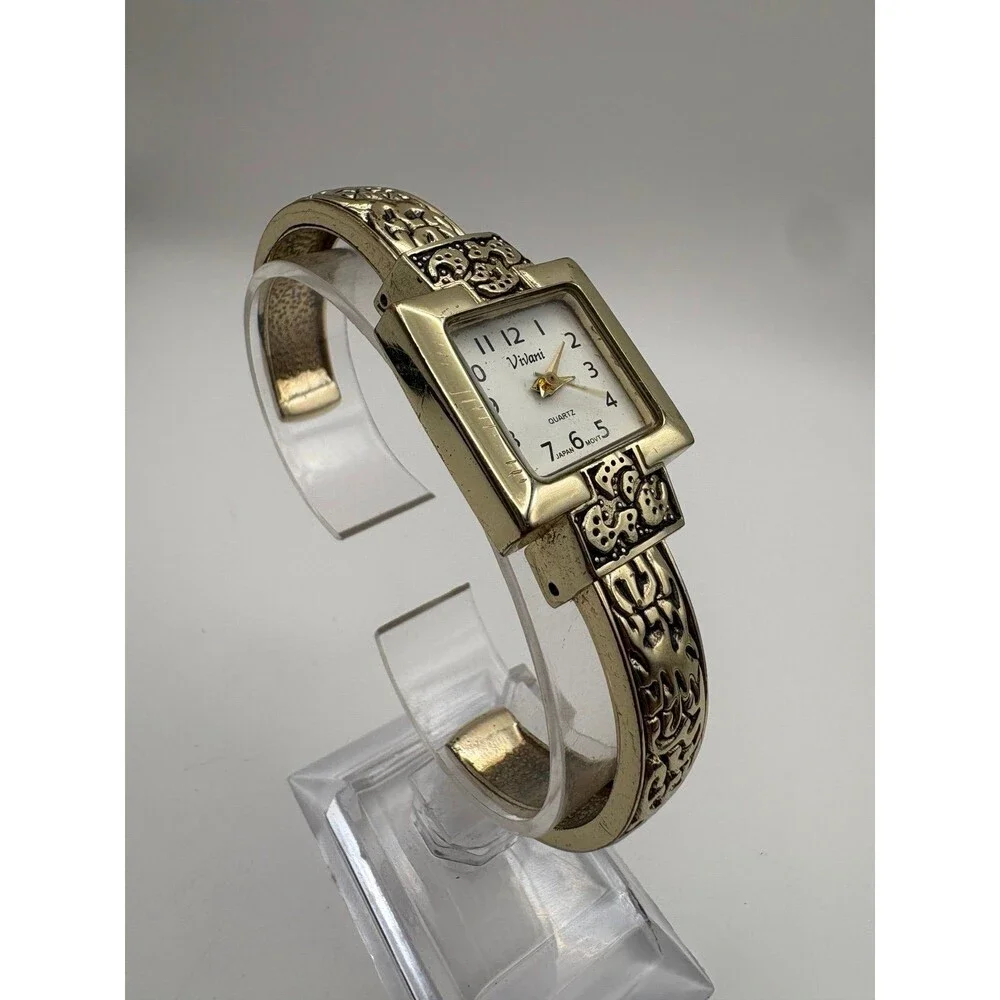 Vintage Vivani Gold-Tone Square Dial Bangle Cuff Watch Japan Movt Ornate Band